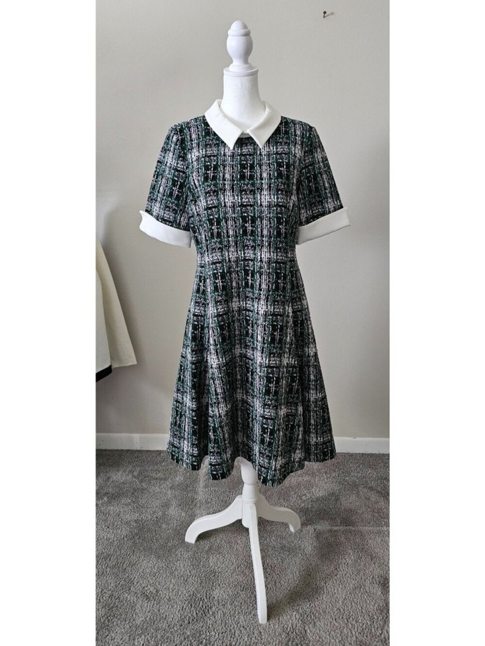 NWOT DKNY Womens Plaid A-Line Dress 12 Green/Black Skater Dark Academia Twee